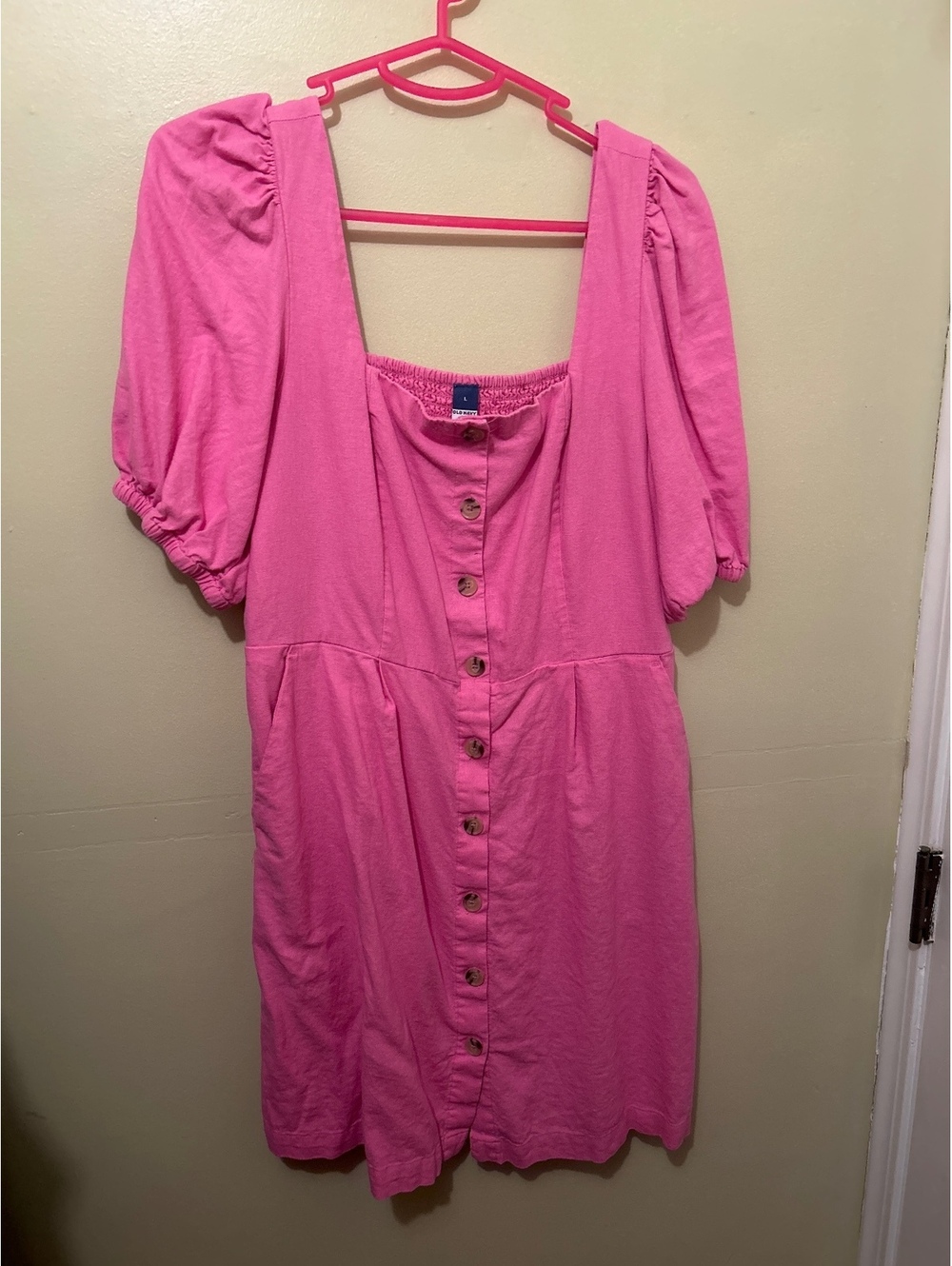 Old Navy Pink Button-Front Puff Sleeve Dress with Pockets Size Large